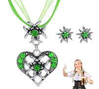 OUDQFCJ 3 Piezas Conjunto de Joyas Tradicionales para Mujer con Collar de Edelweiss en Forma de Corazón y Pendientes, Accesorios para Trajes Típicos y Fiesta de la Cerveza (Verde)