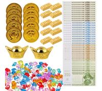 OUDQFCJ 92 Piezas Monedas de Oro Pirata y Gemas para Niños - Lingotes de Oro, Billetes de Papel, Tesoro Pirata para Fiestas Infantiles, Búsqueda del Tesoro y Decoración de Cumpleaños