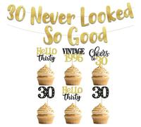 OUDQFCJ Banner dorado con purpurina "30 Never Looked So Good" - Cartel personalizado para fiesta de 30 años, cumpleaños y aniversario (1 unidad) y 24 unidades de toppers para pastel (Dorado)