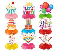 OUDQFCJ Happy Birthday, 9 piezas, Feliz Cumpleaños Infantil Niñas Adultos Hombre Mujer, Centros Decorativos de Mesa, Papel Panal Nido Abeja 3D, Estrella Tarta Gorro Caja Regalo Globo Vela (Multicolor)