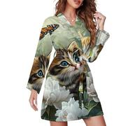 Oudrspo Bata de mujer hasta la rodilla con estampado de gatitos jugando a ser mariposas, con cinturón.