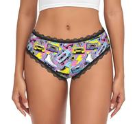 Oudrspo Braguitas de Bikini de Encaje para Mujer con Estampado de Collage de los años 80, Tiro bajo, sin Costuras, Transpirables.