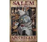 Oudrspo Cartel Salem gato bebiendo estilo pociones tónicos elixires Retro Metal carteles de chapa para calle garaje familia café Bar hombre cueva granja decoración de pared Vintage Metal Sign