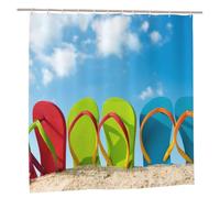 Oudrspo Cortina de Ducha de Tela de poliéster - 70x70 Pulgadas con Ojales metálicos, diseño artístico para Mayor privacidad, Fila de Coloridas Chanclas en la Playa contra un Cielo Soleado.