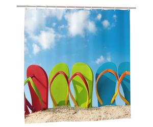 Oudrspo Cortina de Ducha de Tela de poliéster - 70x70 Pulgadas con Ojales metálicos, diseño artístico para Mayor privacidad, Fila de Coloridas Chanclas en la Playa contra un Cielo Soleado.