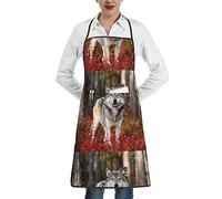 Oudrspo Delantal de poliéster de lobo de animales de otoño con dobladillo de bolsillo, unisex, perfecto para hornear y asar en la cocina del supermercado