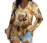 Oudrspo Dreamcatchers Bison Women's Long Sleeve Shirts V Neck Tees Casual Loose Tops Trendy Basic Blouse