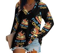 Oudrspo Fish and Chips Women's Long Sleeve Shirts V Neck Tees Casual Loose Tops Trendy Basic Blouse