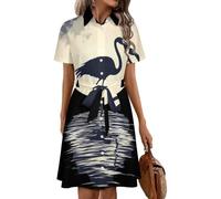Oudrspo Flamingos Reflection Under The Full Moon Women's Shirt Dress Midi Short Sleeve Summer Button Down Dresses