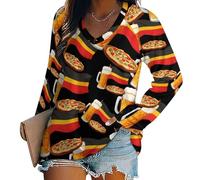 Oudrspo German Flag Beer and Pizza Women's Long Sleeve Shirts V Neck Tees Casual Loose Tops Trendy Basic Blouse