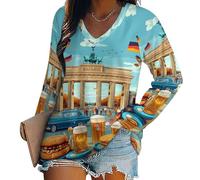 Oudrspo German Flag Food Beers Women's Long Sleeve Shirts V Neck Tees Casual Loose Tops Trendy Basic Blouse