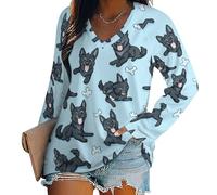 Oudrspo German Shepherd Dog Pattern Women's Long Sleeve Shirts V Neck Tees Casual Loose Tops Trendy Basic Blouse