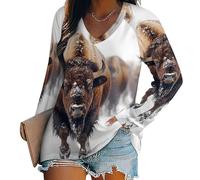 Oudrspo Herd of Bison Snowy Day Women's Long Sleeve Shirts V Neck Tees Casual Loose Tops Trendy Basic Blouse