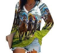Oudrspo Horse Racing Sports Women's Long Sleeve Shirts V Neck Tees Casual Loose Tops Trendy Basic Blouse