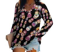 Oudrspo Matryoshka Russian Doll Colorful Women's Long Sleeve Shirts V Neck Tees Casual Loose Tops Trendy Basic Blouse