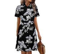 Oudrspo Mexico Mexican Hat Skull Head Women's Shirt Dress Midi Short Sleeve Summer Button Down Dresses