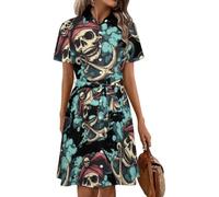 Oudrspo Ocean Pirates Skull Women's Shirt Dress Midi Short Sleeve Summer Button Down Dresses