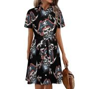 Oudrspo Pirates Skull Hat Crossbones Women's Shirt Dress Midi Short Sleeve Summer Button Down Dresses
