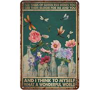 Oudrspo Póster vintage de libélula Veo un árbol verde y rojo, también un árbol, ¡qué maravilloso mundo!, letrero de metal de aluminio de 8 x 6 pulgadas para decoración de pared.