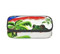 Oudrspo Puerto Rico Bandera Rana Palmeras Impreso Estuche para lápices Duradero Estuche de papelería con Compartimento con Cremallera Estuche para lápices portátil de Gran Capacidad