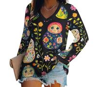 Oudrspo Russian Nesting Dolls Flowers Women's Long Sleeve Shirts V Neck Tees Casual Loose Tops Trendy Basic Blouse
