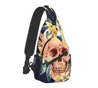 Oudrspo Sling Bag Skull Flowers Mochila cruzada para hombres y niños, bolso de hombro ligero antirrobo bolsa de gimnasio para senderismo viajes ciclismo