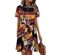 Oudrspo Spain Guitar Spanish Flag Wine Bottle Women's Shirt Dress Midi Short Sleeve Summer Button Down Dresses