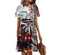 Oudrspo Tram in The Rain Women's Shirt Dress Midi Short Sleeve Summer Button Down Dresses