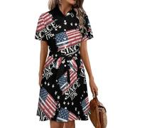 Oudrspo U.S.A Forth of July Independence Day Women's Shirt Dress Midi Short Sleeve Summer Button Down Dresses