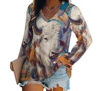 Oudrspo White Bison Dreamcatchers Women's Long Sleeve Shirts V Neck Tees Casual Loose Tops Trendy Basic Blouse