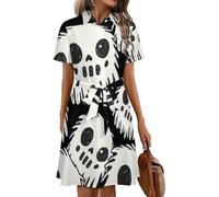 Oudrspo Whiteffys Skull Women's Shirt Dress Midi Short Sleeve Summer Button Down Dresses