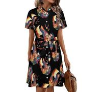 Oudrspo Wolf Howling at The Moon Deers Women's Shirt Dress Midi Short Sleeve Summer Button Down Dresses