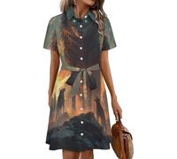 Oudrspo Wolf King at The Sunset Women's Shirt Dress Midi Short Sleeve Summer Button Down Dresses