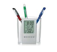 OUFEIJIA EUR Reloj despertador digital con portalápices, organizador de escritorio pantalla LED que muestra la hora, fecha y temperatura, accesorios oficina