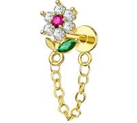 OUFER Body Piercing 16G Flower Chain Labret Stud 316L Stainless Steel Push-In Lip Piercing 6mm Gold CZ Dangle for Lip Helix Tragus Hypoallergenic for Fresh Healing Piercings