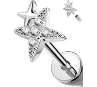 OUFER Body Piercing 18G 316L Stainless Steel Star Cartilage Earring Internally Threaded Tragus Stud with CZ 6mm Labret Nose Ring for Helix Conch Lip Piercing