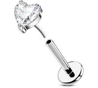 OUFER Body Piercing 18G Helix Earring 6/8mm Cartilage Earring Lip Stud 316L Stainless Steel Helix Stud Heart Threadless Clear CZ Flat Back Earring Helix Labret Bar For Women