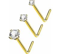 OUFER Body Piercing 3PCS 20G Titanium Nose Studs: L Shaped Nose Rings 6mm Gold Nostril Piercing Jewelry Cubic Diamond Thin Body Jewellery for Women