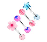 OUFER Body Piercing 4PCS Tongue Bars 14G 316L Stainless Steel Tongue Rings 16mm Acrylic Flower/Star Straight Barbells Multi-Use Piercing Jewelry for Tongue & Nipple for Daily Wear Parties All Seasons