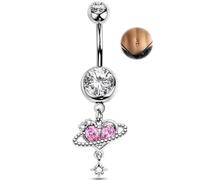 OUFER Body Piercing Belly Bars 14G Heart Saturn Belly Button Ring 316L Stainless Steel 10mm Navel Piercing Pink/Clear CZ Dangle Hypoallergenic Navel Jewellery