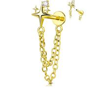 OUFER Body Piercing Helix Earring 316L Stainless Steel Star Chain Push in Labret Stud 16G(1.2mm) 6mm Gold/Silver CZ Cartilage Earring Threadless Helix Tragus Lip Nose Piercing Jewellery