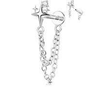 OUFER Body Piercing Helix Earring 316L Stainless Steel Star Chain Push in Labret Stud 16G(1.2mm) 6mm Gold/Silver CZ Cartilage Earring Threadless Helix Tragus Lip Nose Piercing Jewellery