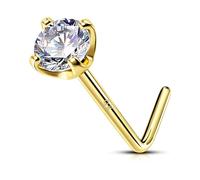 OUFER Body Piercing Nose Piercing Stud 9K Solid Yellow Gold Claw Set Round Crystal Stone 22 Gauge L Bend Nose Stud Piercing Jewellery