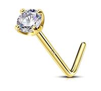 OUFER Body Piercing Nose Piercing Stud 9K Solid Yellow Gold Claw Set Round Crystal Stone 22 Gauge L Bend Nose Stud Piercing Jewellery