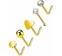 OUFER Body Piercing Nose Studs: 5PCS 20G Titanium Nose Bar L Shaped Nose Rings, 6 mm Gold Nostril Piercing Jewelry Cubic Diamond Thin Body Jewellery for Women