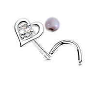 OUFER Piercing para la nariz de plata 925 con forma de S de 7 mm, con forma de corazón de 20 g, 20G7mm, Plata de ley, Circonia cúbica