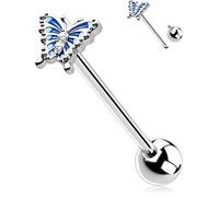 OUFER Piercing para lengua de acero quirúrgico de 14 g, con rosca interna, 16 mm, diseño de mariposa, color azul, Acero inoxidable