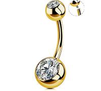 OUFER Piercing para ombligo, titanio, oro, ombligo, bolas largas y roscadas, doble gema, joyería para mujer para hombre 10 12 14 16 mm, Circonia cúbica, Circonia cúbica