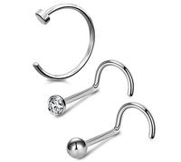 OUFER Titanio sólido Nariz Anillos Tornillo Pack 3 unids 20G nariz Stud nariz agujero esperanza 8mm claro CZ Cuerpo Piercings joyería para mujeres hombres, Klein, Titanio, Metal