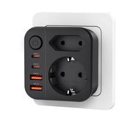 OUFUYU Cubo Enchufe USB 7 en 1, Ladron Enchufes Múltiple Pared con 4 Tomas de CA，Regleta Cubo con 1 USB A y 2 Tipo C, Cargador Rápido para Oficina, Cocina y Habitación, Negro